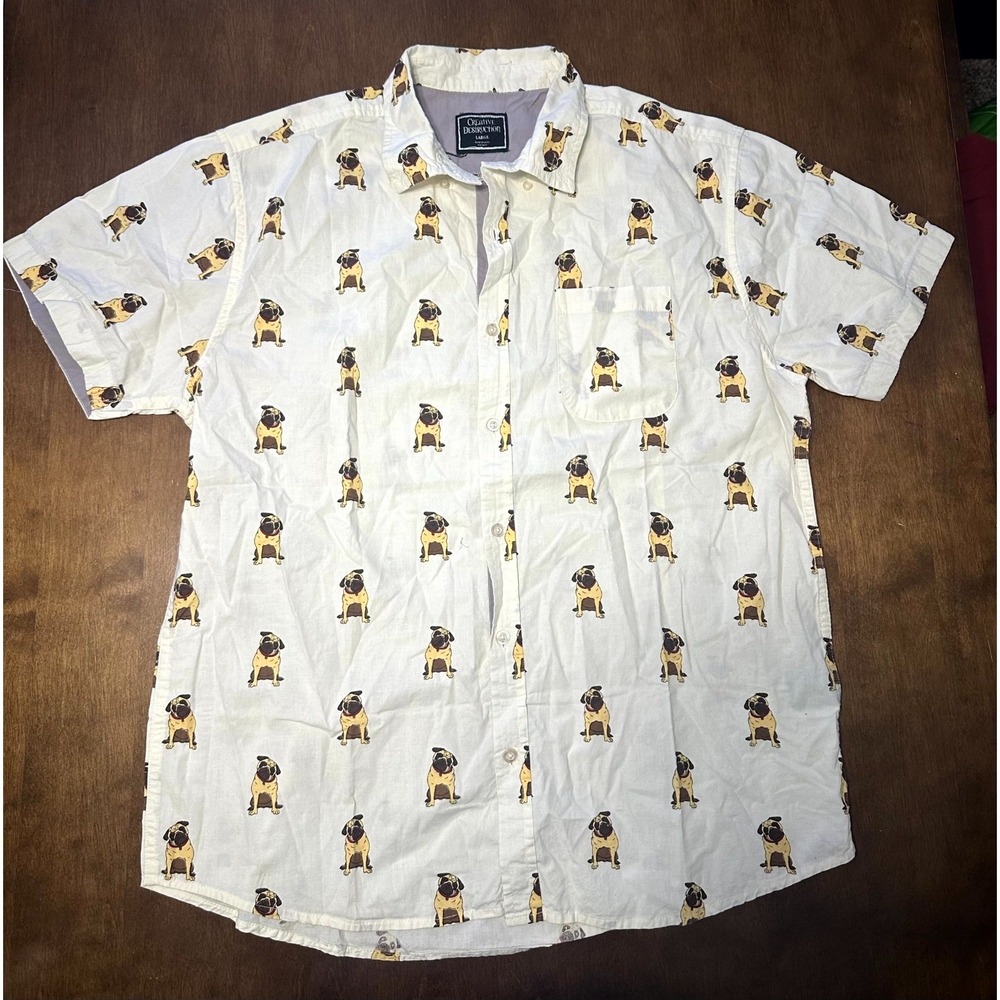 Creative Destruction Shirt Men's L White All Over Pug Dog Print Collar Button Up